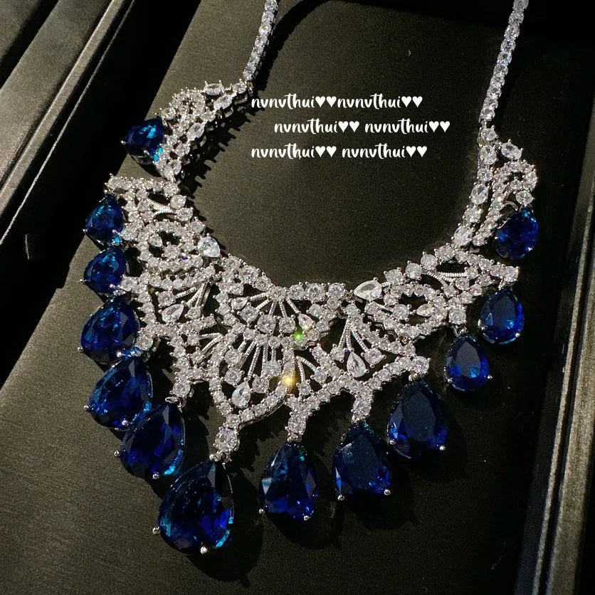Royal Blue Teardrop Zircon Necklace and Earring Set for Women