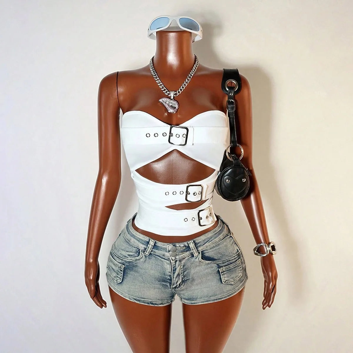 White Strapless Cutout Buckle Streetwear Crop Top for Women