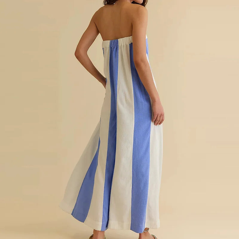 Summer Beach Hollowed Out Backless Long Pants Playsuit Bohemian Commuting Rompers Casual Striped Printed Off Shoulder Jumpsuit