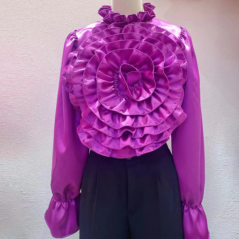 Light Luxury Socialite Style High-Grade Three-Dimensional Flower Solid Color Shirt 2024 Spring New Fashion All-Match Silk Blouse