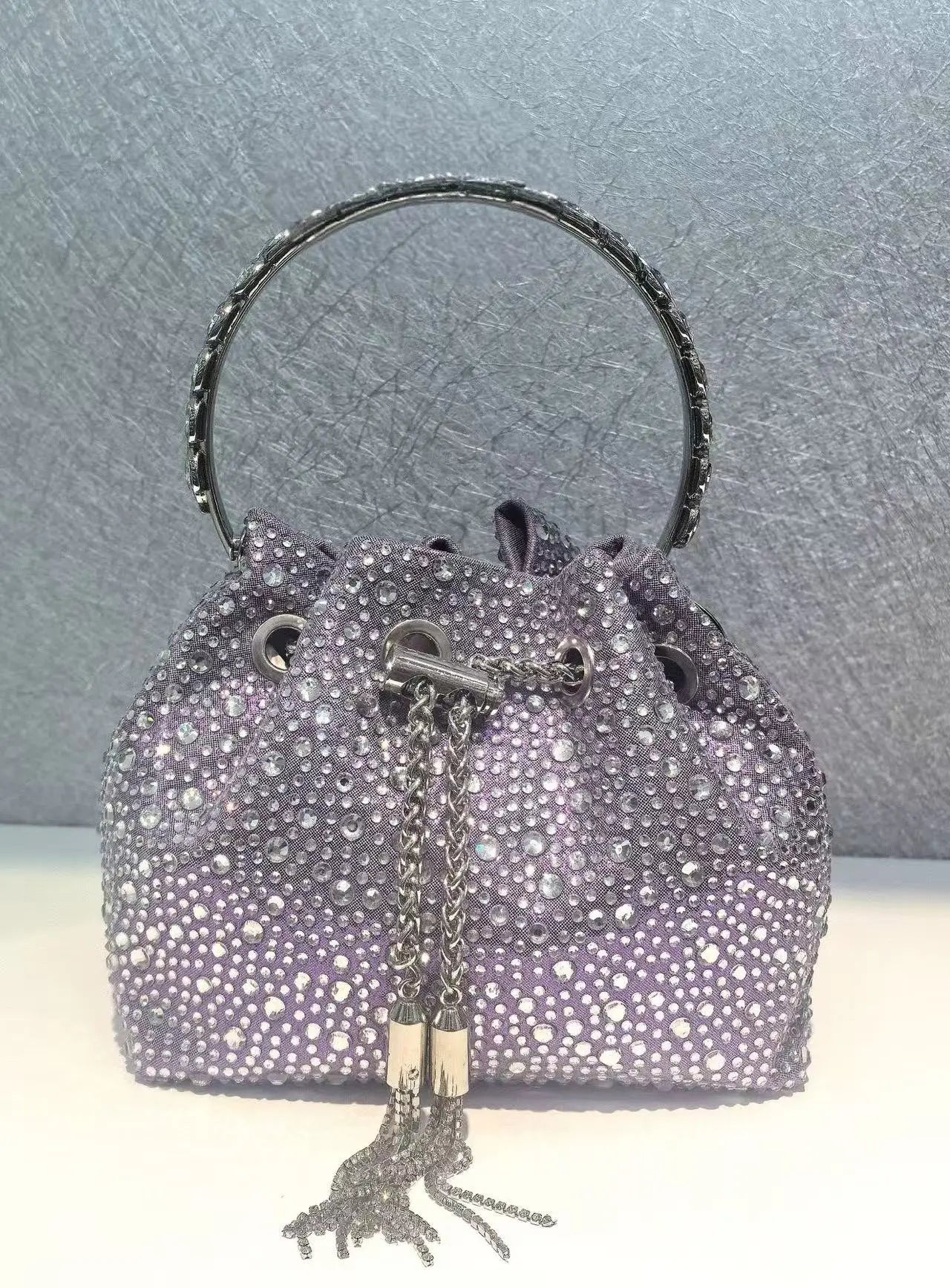 Crystal Shiny Diamonds Bucket Bag Fashion Women Handbag Metal Ring Handle Evening Bag Wedding Party Clutch Purse Crossbody Bag
