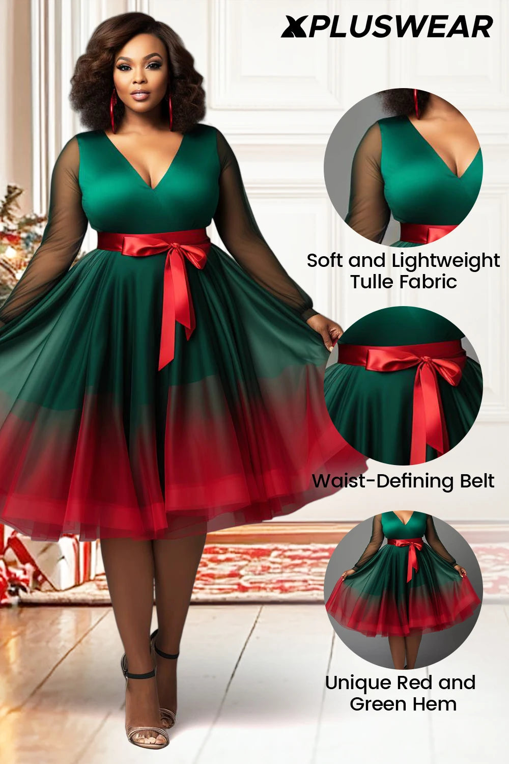 Plus Size Christmas Emerald Green Gradient V Neck Lantern Sleeve Long Sleeve See Through Wrap Tulle Mini Dresses 2025 Women