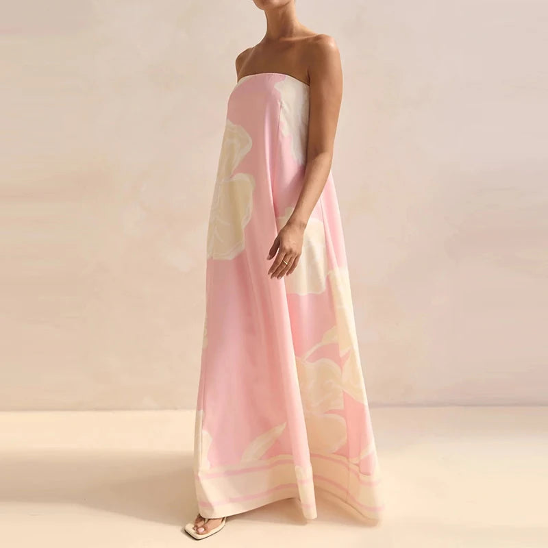 Casual Off Shoulder High Waist Loose Long Dress Backless Printed Holiday Women Dresses Summer Sexy Strapless Pleated Beach Dress