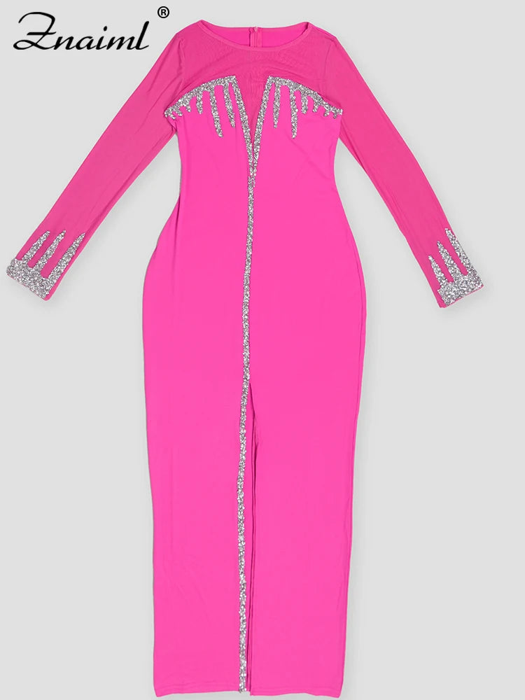 Znaiml Luxury Rhinestones Mesh Patchwork O-neck Pink Dress Women Sleeve Long High Split Birthday Party Evening Night Club Robe