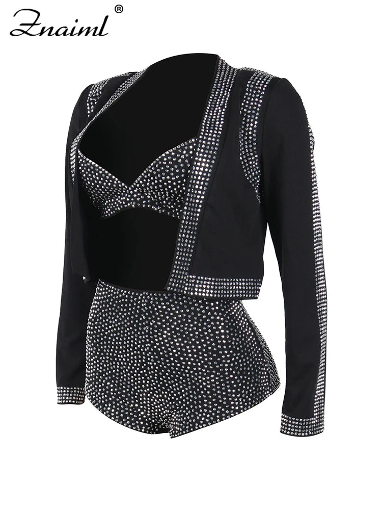 Znaiml Luxury Black Rhinestone Outfits Women Jacket Bra Crop Top and Shorts 3 Pieces Set Elegant Birthday Night Club Prom Suits