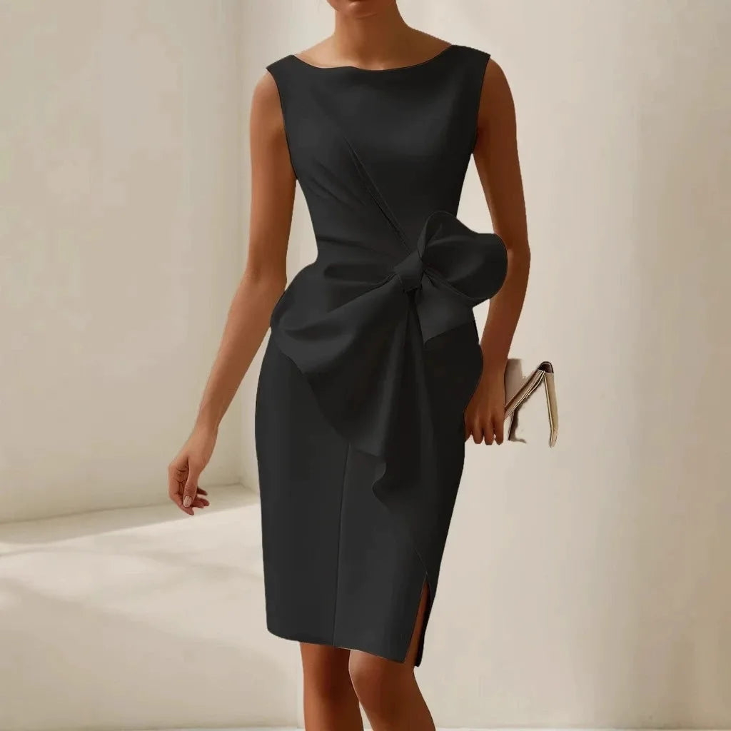 2025 Women's Dress O-neck Sleeveless White Elegant Bow Slim Party Red Evening Slit Vest Skirt