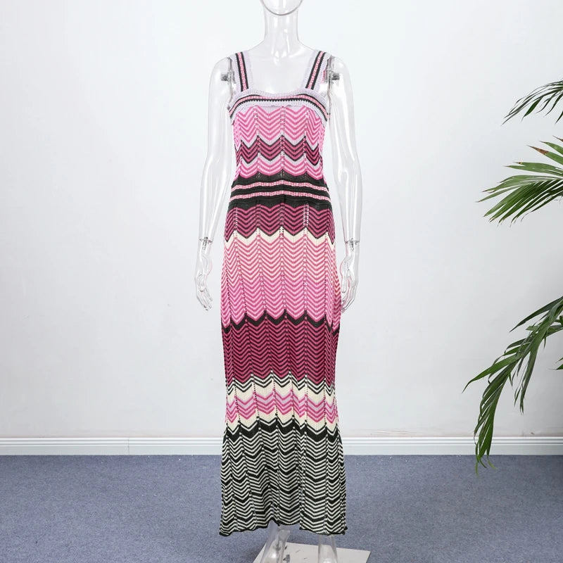 Patchwork Contrast Knitted Women' Dresses Square Collar Backless Sleeveless Bohemian Long Dress Female Summer Lady Beach Robes