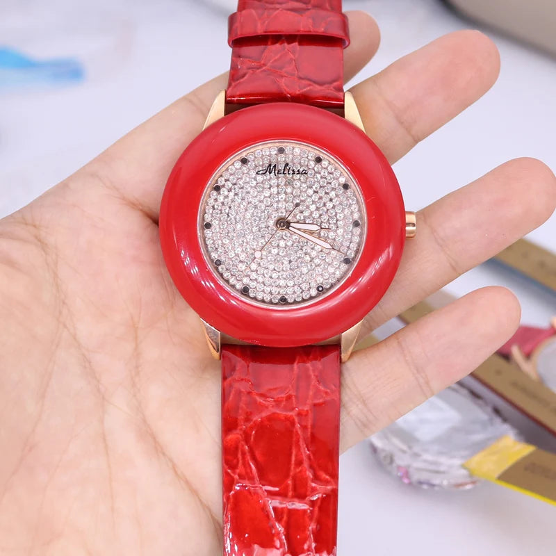 Luxury Unicorn Melissa Women's Watch Rhinestone Crystal Fashion Hour Real Leather Bracelet Clock Girl's Birthday Gift Box