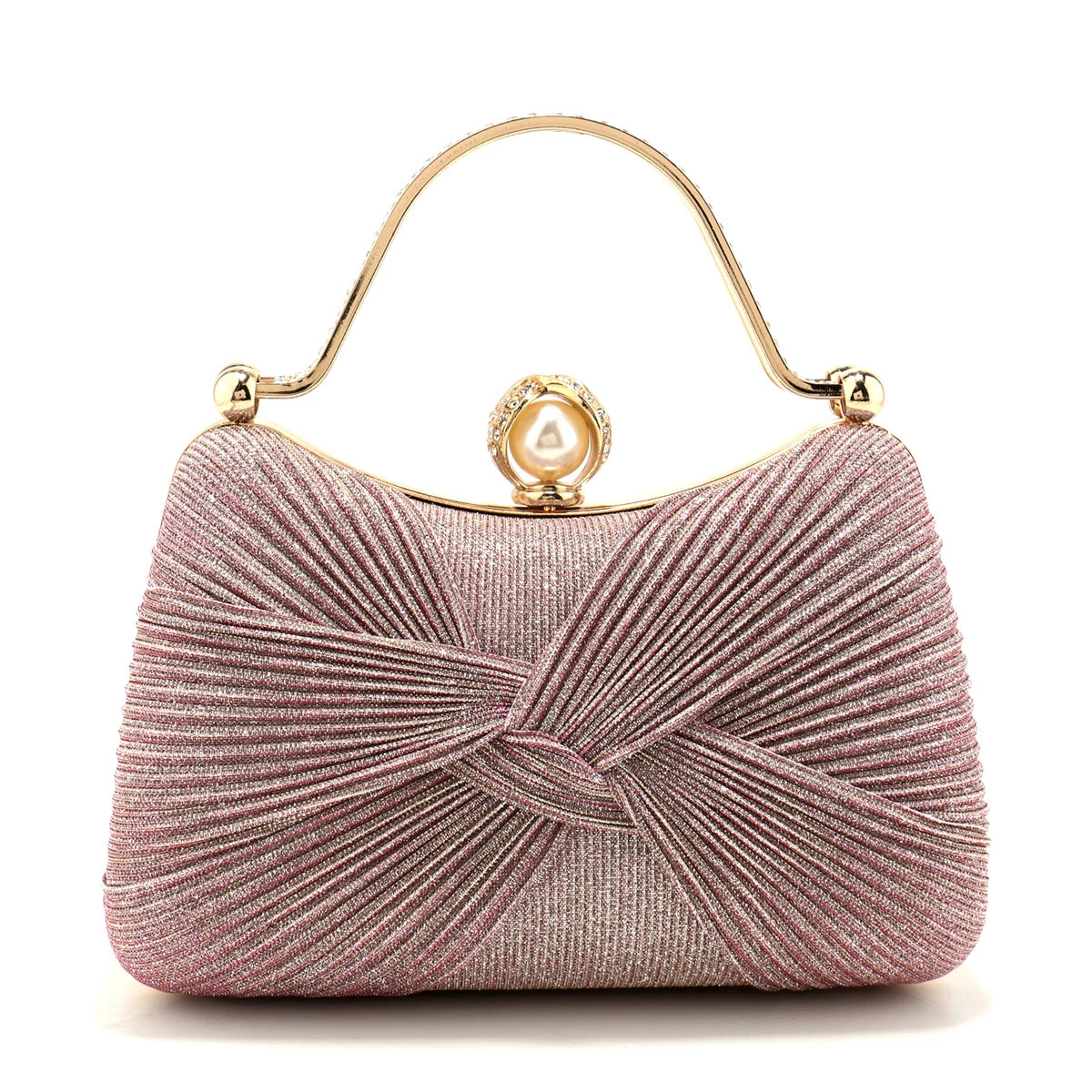 Bow Design Ruched Fashion Women Evening Bags Pink Color Sequined Glitter Metal Pearl Handbags Banquet Lady Wedding Bridal Purse