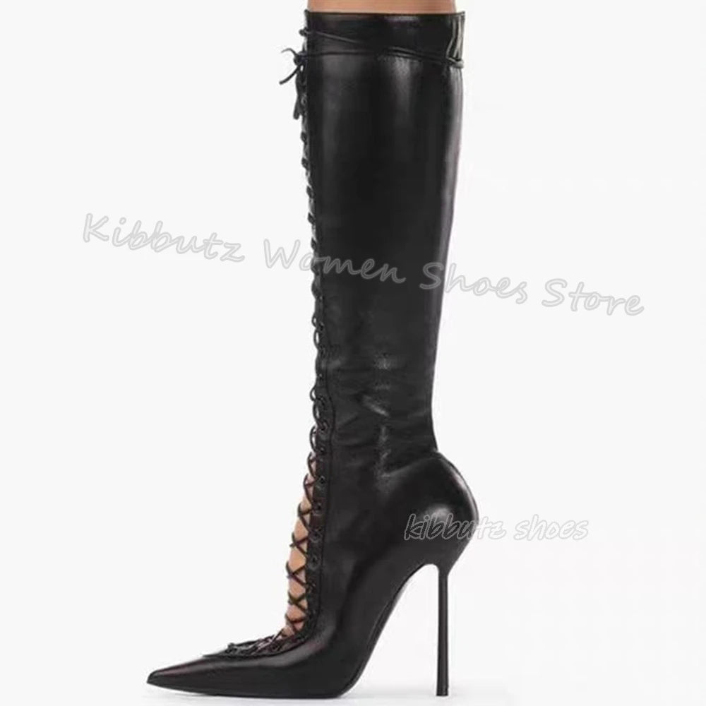 Lace-Up Hollow Knee High Boots Luxury Leather Solid Color Elegant Concise Fashion Sexy Pointed Toe Metal Thin Heels Women Shoes