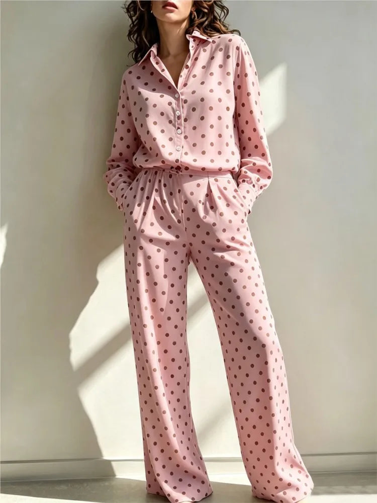 Dotted Long Sleeve Shirt and Pants Two-Piece Set for Women