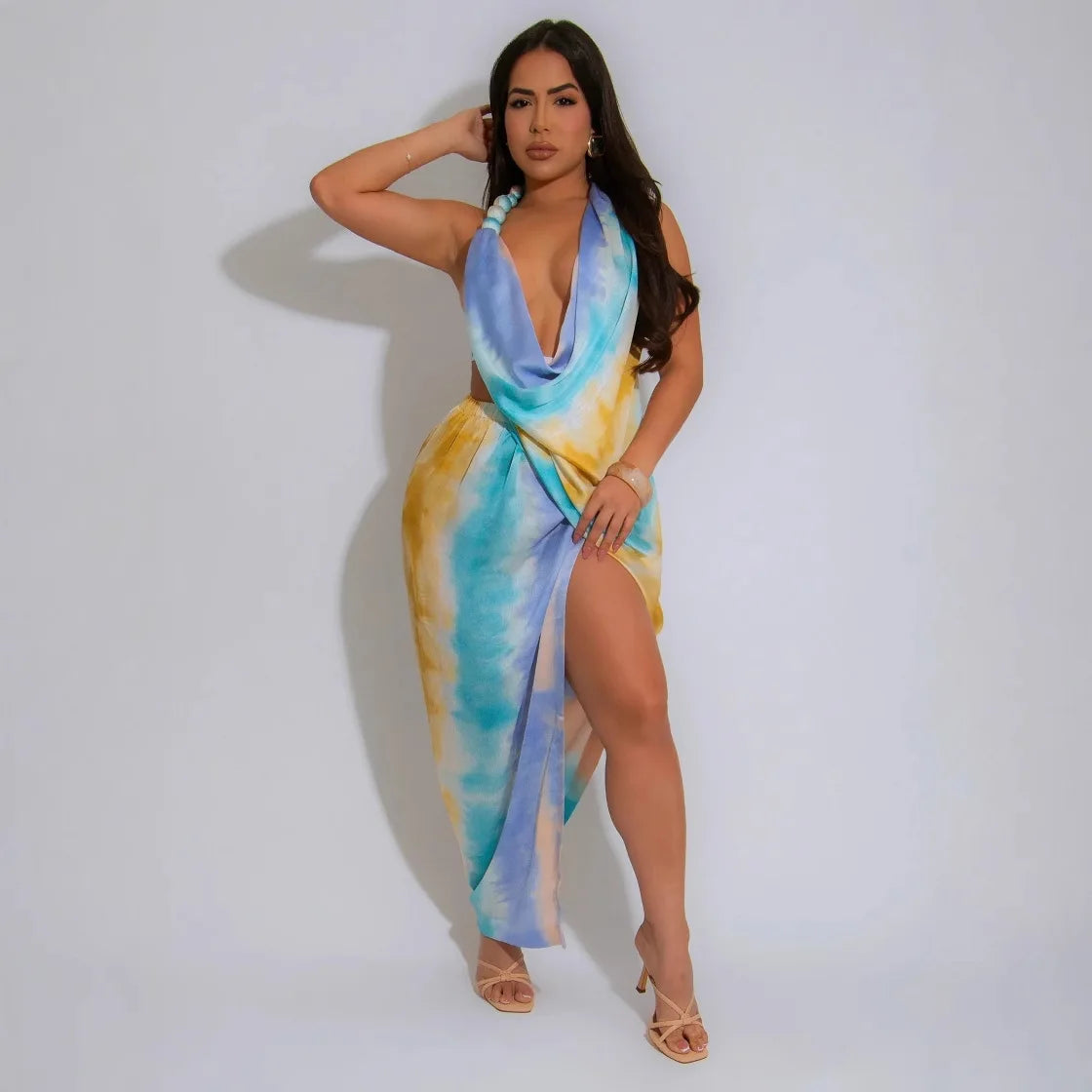 CM.YAYA Women Tie Dye Printed Sleeveless Halter Neck High Side Split Maxi Dress Summer Evening Sexy Night Party Dresses Vestidos