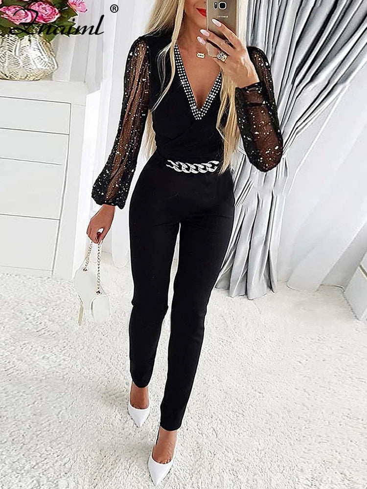 Znaiml Sexy Black Deep V-neck Mesh Chain Waist Long Sleeve Jumpsuit One Piece Overall Women Elegant Birthday Party Rompers New