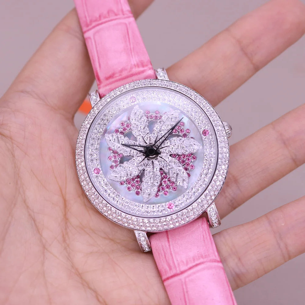 Luxury Davena Spin Snow Flower Women's Watch Japan Mov't Crystal Lady Hours Fine Fashion Real Leather Bracelet Girl's Gift Box