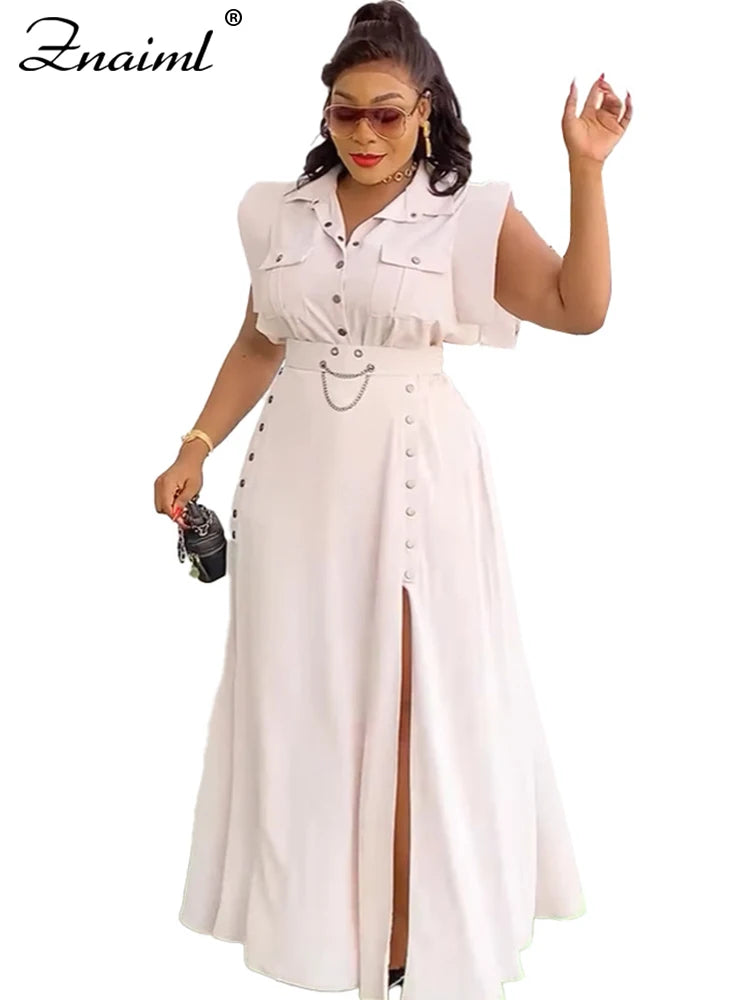 Znaiml Summer Birthday Party Evening 2 Piece Dress Set Women Sleeveless Shirt and Cargo Split Long Skirts Suit Vacation Outfits