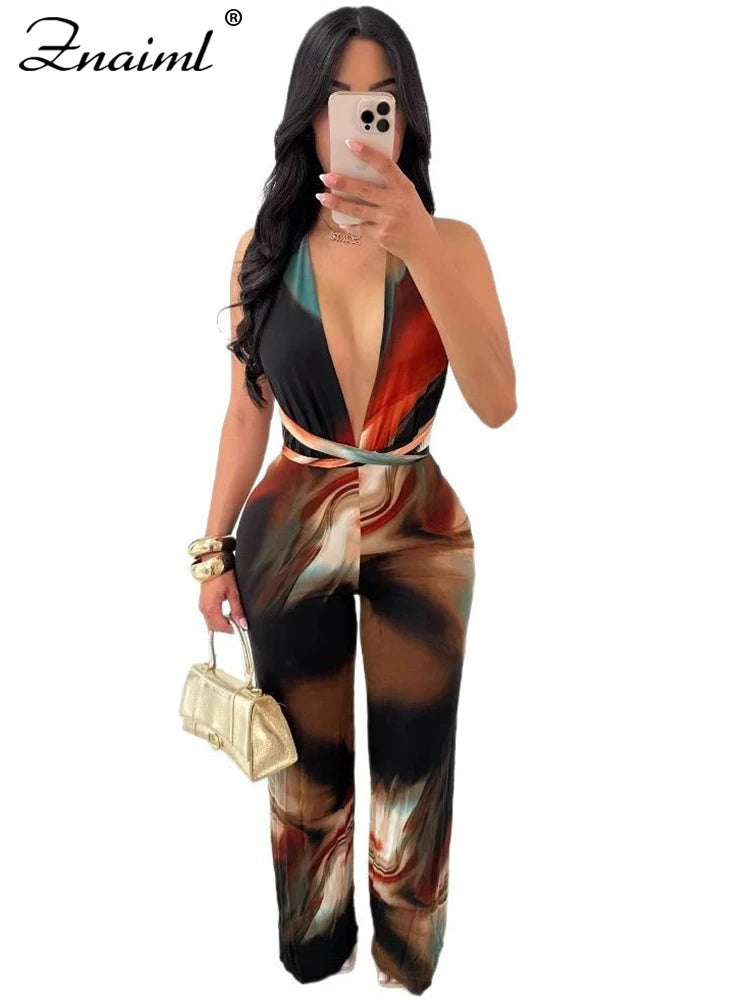 Znaiml Fashion Print Sleeveless Halter Deep V-neck High Waist Wide Leg Pants Women Sexy Night Club Birthday Jumpsuit Rompers