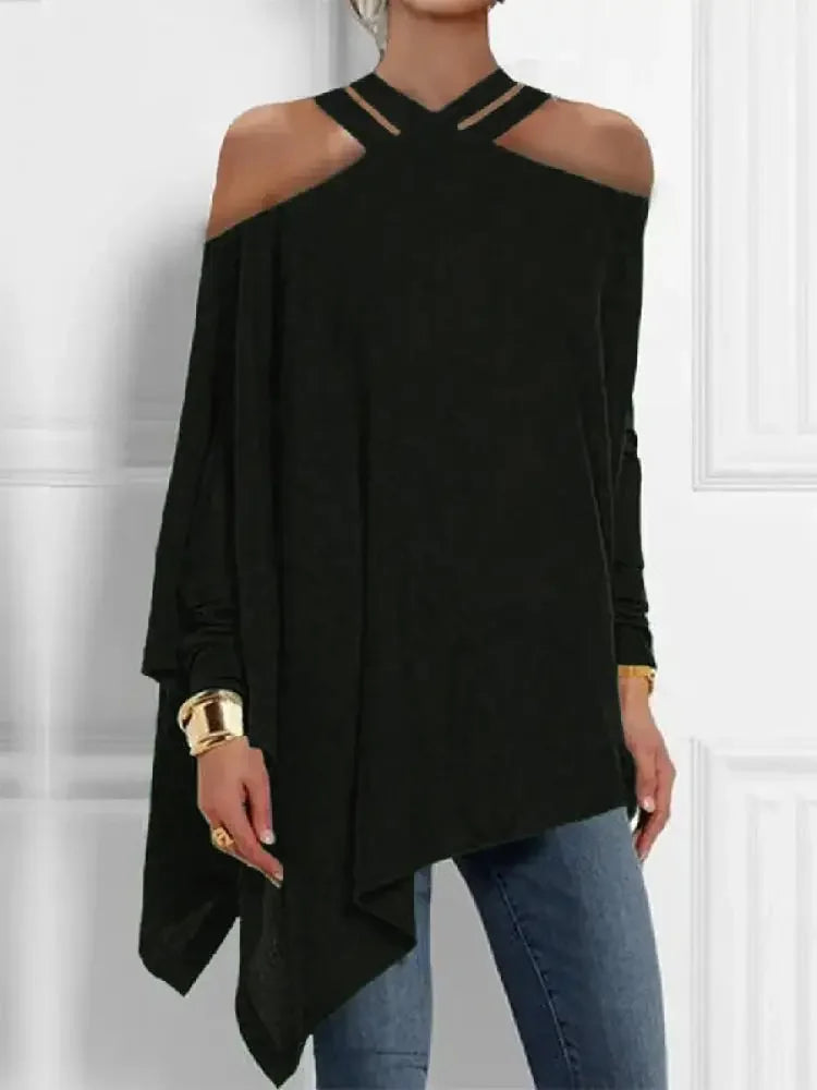 Women's Minimalist Daily Tops Hollowed Cold Shoulder Halter Long Sleeve Loose Pleated Shirt Elegant Asymmetric Blouse