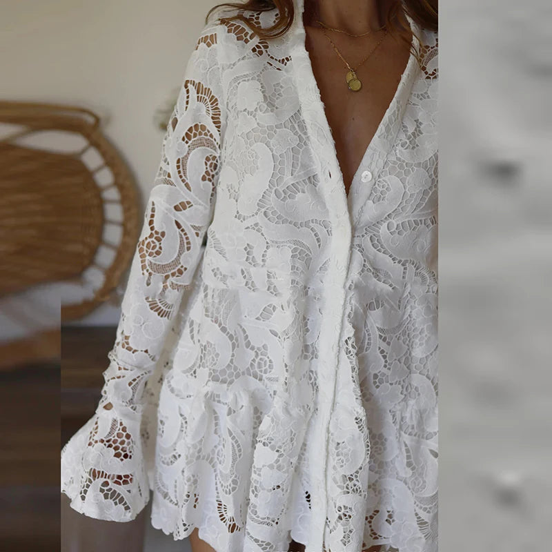 Sexy V Neck Hollow Solid Color Short Dress Casual Loose Flared Sleeve Dress Lace Embroidery Single Breasted Women's Party Dress
