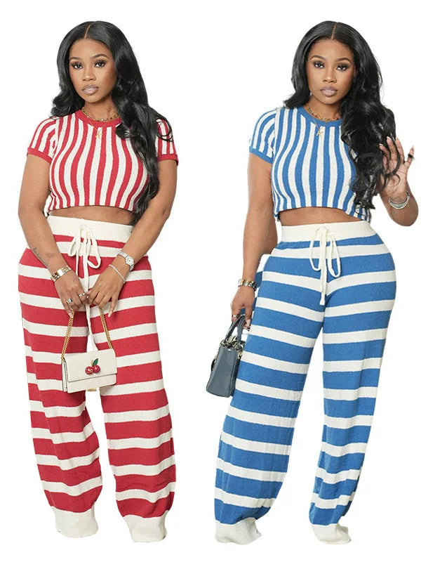 CM.YAYA Women's Set Short Sleeve Striped T-shirt + Wide Leg Pants Active Fitness Streetwear Two 2 Piece Sets Outfits Tracksuit