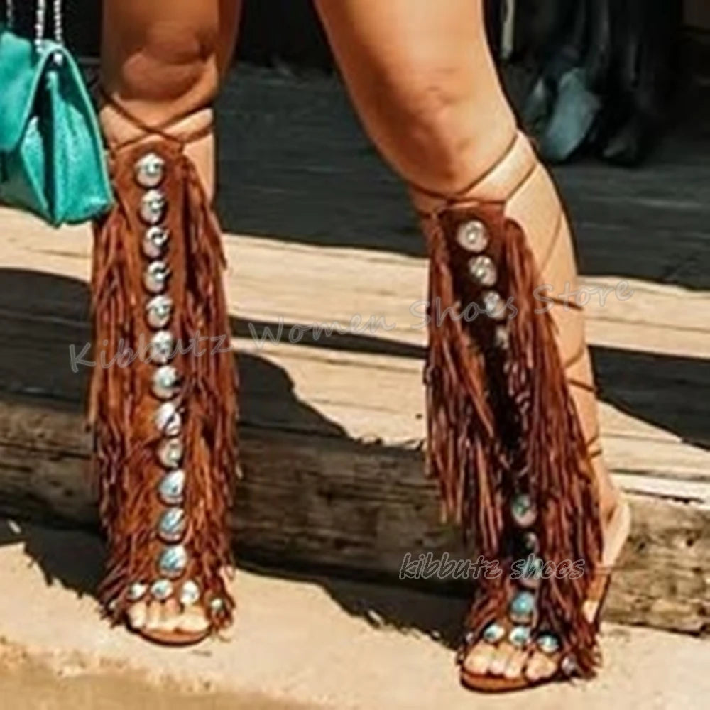 Suede Tassels Sandals Knee High Boots Crystal Glossy Solid Color Cross Strap Fashion Luxury Elegant Concise Women Shoes Newest