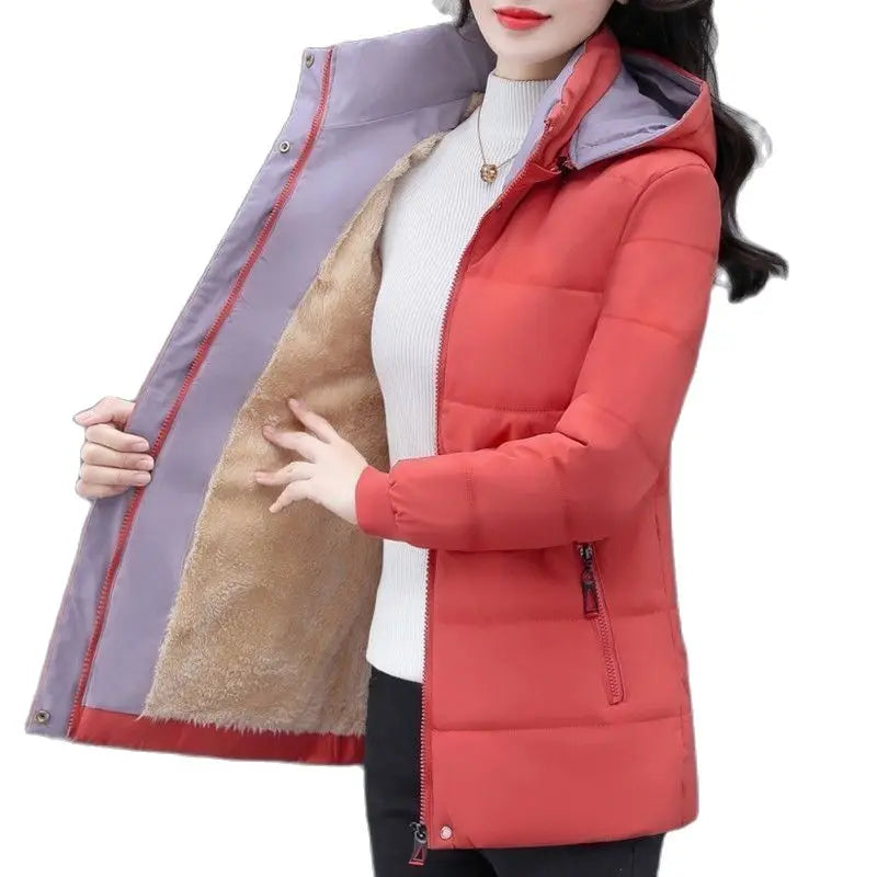 Detachable Hooded Parka Windproof jacket Female's winter jacket plush and Thickened High-End Women's Short Cotton Coat Patchwork
