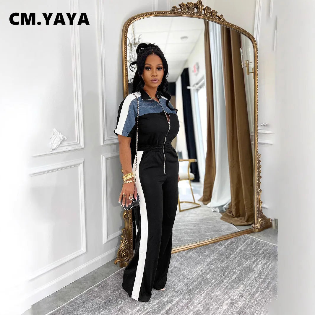CM.YAYA Women Zipper Short Sleeve Wide Leg Jumpsuits Summer Denim Patchwork Street Holiday OL Night Party One Piece Suit Romper