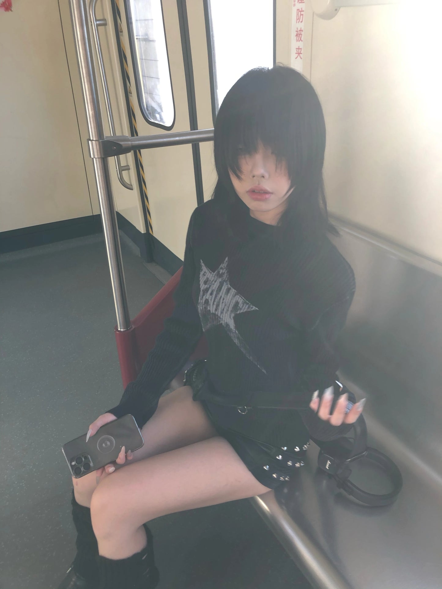 Karrram Japanese Y2k Black Knitted Tops Trashy 2000s Style Long Sleeve Knit T-shirt Vintage Harajuku Distressed Knitwear Grunge