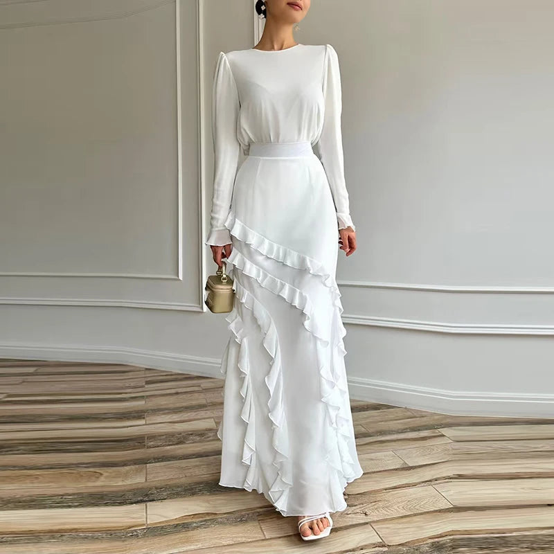 2025 Spring Fall Solid 2pc Set Elegant Slim Design Suit Banquets Fashion Women's O Neck Long Sleeved Top + Ruffled Skirt Outfit