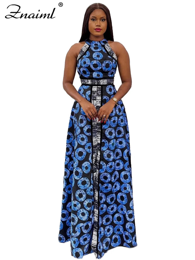 Znaiml Elegant Indie Folk Blue Retro Print A-line Long Dress Women O Neck Sleeveless Birthday Evening Prom Vacation Vestidos New