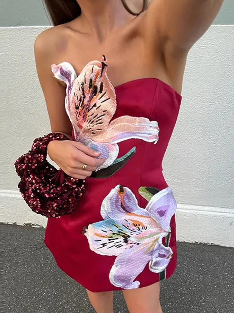 Lady Elegant Strapless Waist Banquet Dress Fashion Sleeveless Hollow Cocktail Dresses Casual Floral Print Backless Holiday Dress