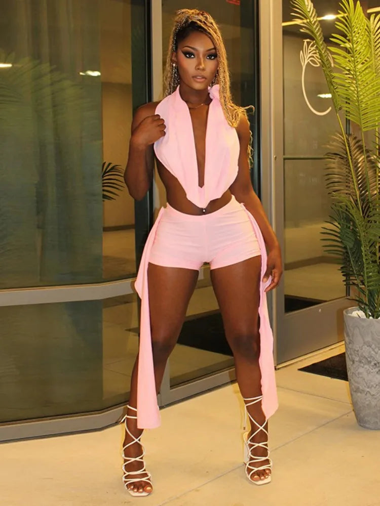 Joskaa 2025 Summer Beach Style 2 Piece Sets Women Sexy Backless Bandage Halter Tops and Ribbons Shorts Matching Vacation Outfits