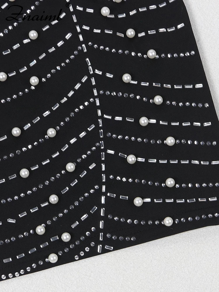 Znaiml Sexy Sheer Mesh Patchwork Rhinestone Bodycon Black Mini Dress Women's Long Sleeve Skinny Birthday Evening Party Dresses