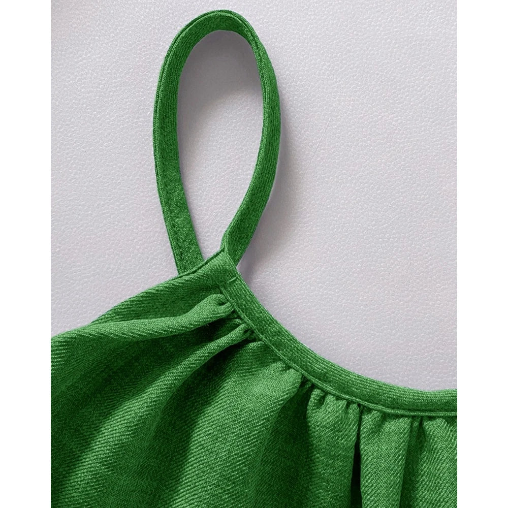 Women Solid Color Round Neck Wide Leg Straight Overalls Summer Spaghetti Strap Drawstring Waist Casual Black Jumpsuits