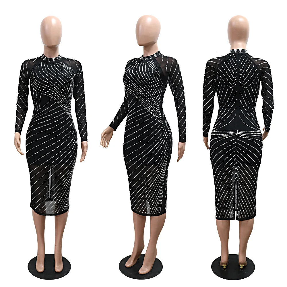 CM.YAYA Women Diamonds Hot Rhinestones Long Sleeve Bodycon Midi Dress 2024 Fall O-neck Evening Club Sexy Party Dresses Vestidos
