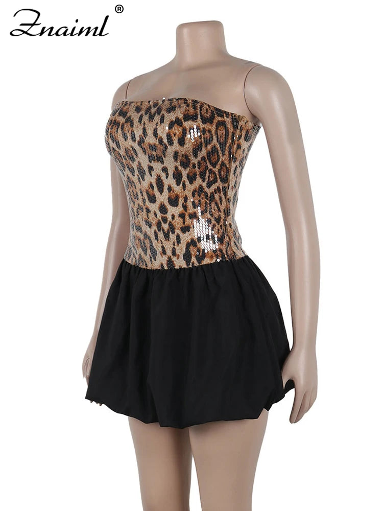 Znaiml Sexy Leopard Print Sequins Patchwork A-line Mini Dresses Woman Off Shoulder Tube Strapless Prom Night Club Short Dress
