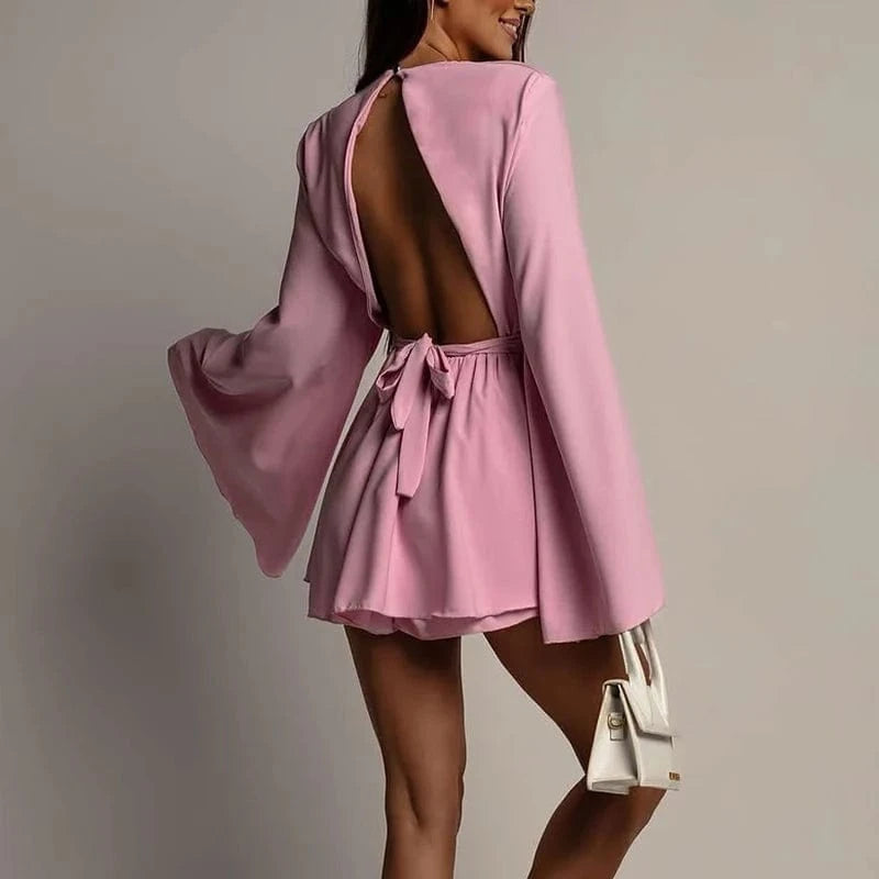 Fashion Flare Sleeve Backless Hollow Bow Dress Commute Elegant Solid A-Line Dress Women Spring Sexy O Neck High Waist Mini Dress