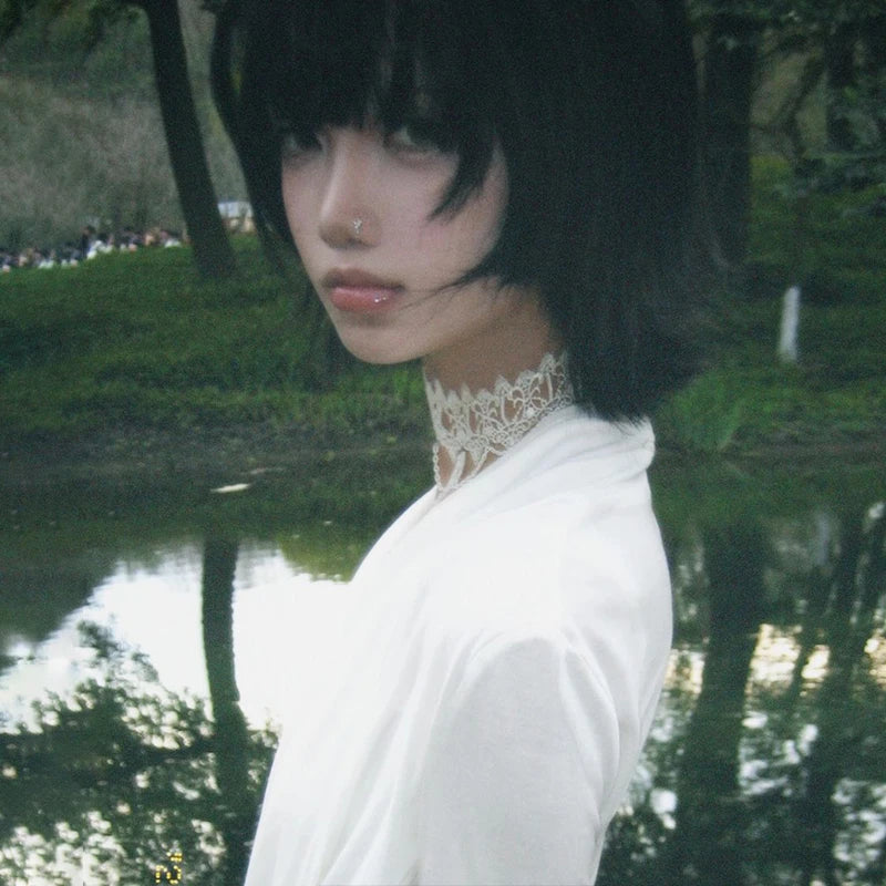 Karrram Japanese Y2k Cross Tops Trashy 2000s Style V-neck Long Sleeve T-shirt Vintage Harajuku White Irregular Tops American 90s