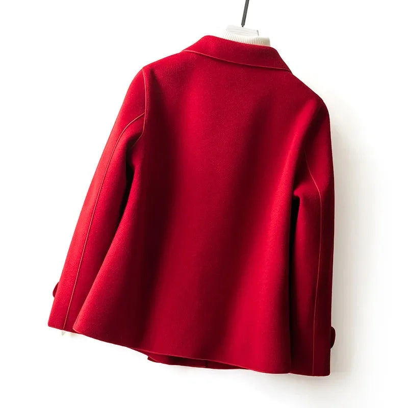High-Quality Double-Sided Woolen Coat For Women 2024 New Short With Temperament Doll Neck Mother's Outfit Woolen Coat Female Red