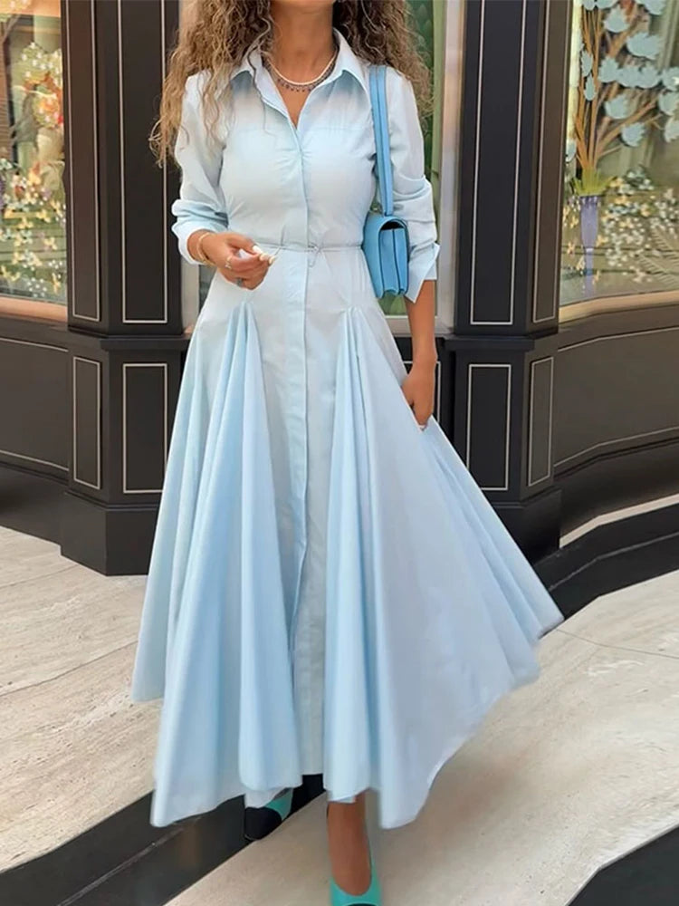 Solid Women's Casual Pleated Long Dress Fashion Lapel Full Sleeve Button Maxi Dress Lady 2025 Early Autumn Chic Street Robes