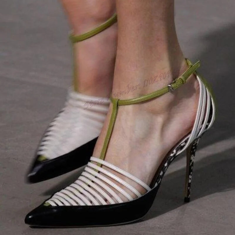 White Hollow Out T-strap Sandal Snakeskin Back Strap Pointed Shoes for Women Thin High Heels Sexy Shoes 2025 Zapatos Para Mujere