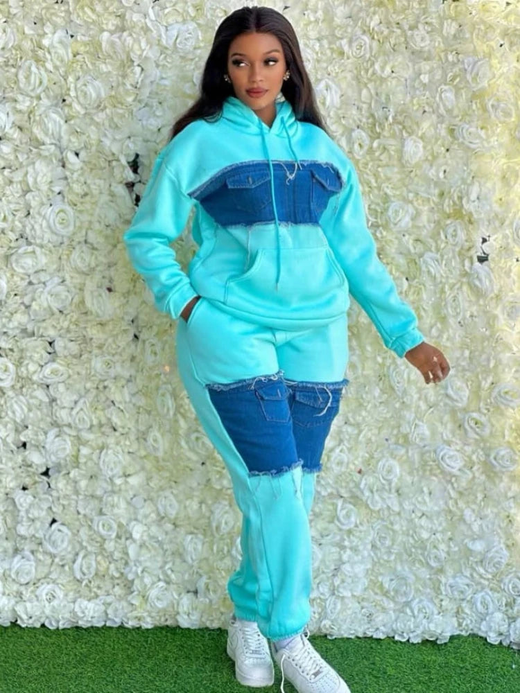 Pants Set Women Two Piece Sets Hooded Matching Sets Sweatshirts Long Pants High Waist Denim Splice Y2k Casual Jogger 2025