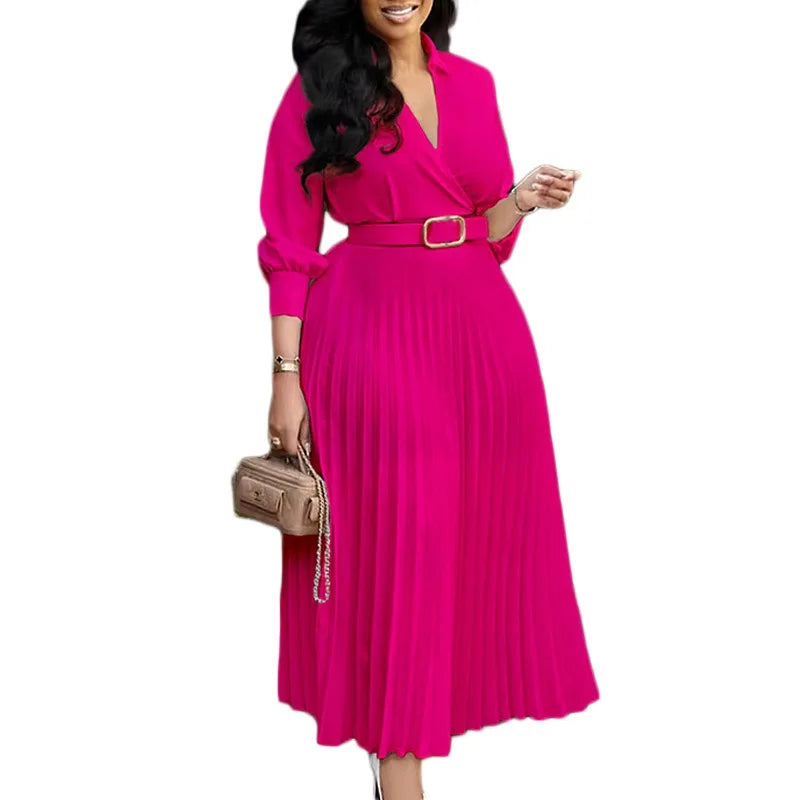 Elegant Office Dresses for Women Pleated Deep V Neck Full Sleeve Belt Waisted Ankle Length African Business Work Wear Dress New