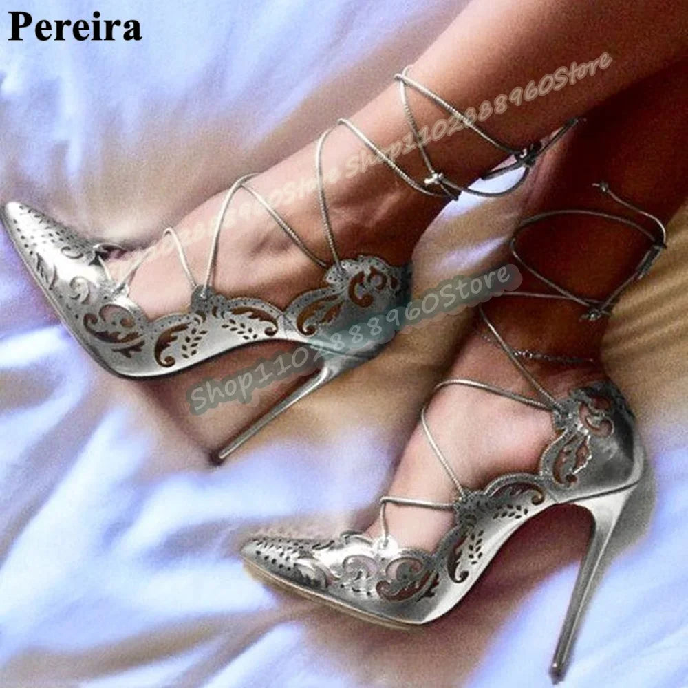 Gold Leather Shallow Hollow Pointy Pumps Stilettos High Heel Shoes For Women Cross Tied Pointed Toe Luxury Party Stylish Pumps