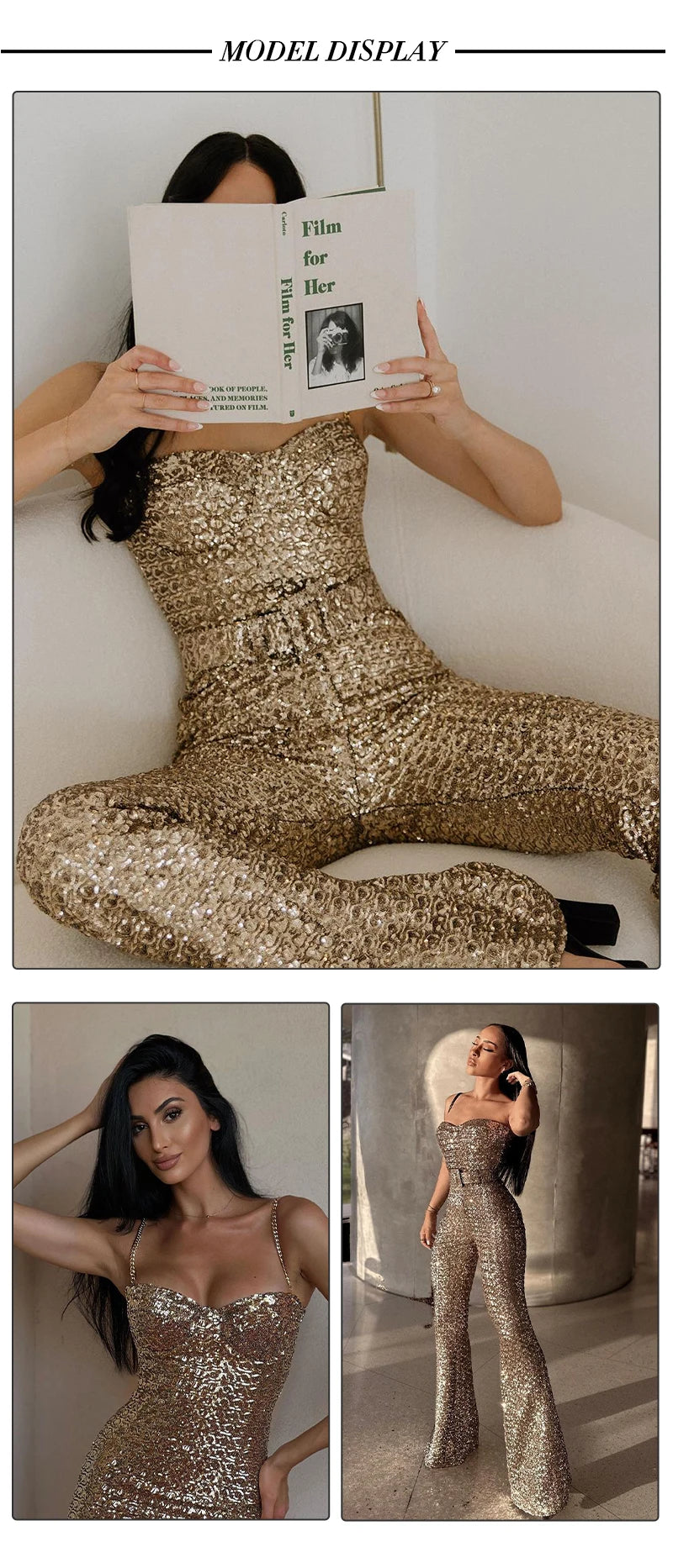 Gold Sequin Design Sleeveless Jumpsuit With Belt for Women