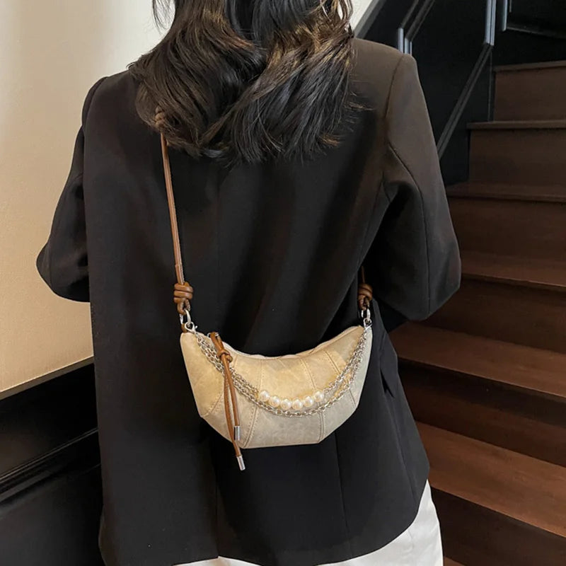 Retro Denim Dumpling Bag Creative Horn Design Pearl Pendant Messenger Bag Brand High-grade Leather Ladies Versatile Shoulder Bag