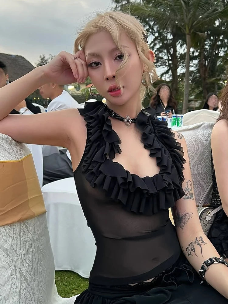 Weird Puss Tierred Low-Neck Tank Tops Women Y2K See Through Sleeveless Summer Trend Mesh Wild Basic Midnight Slim Clubwear Vest