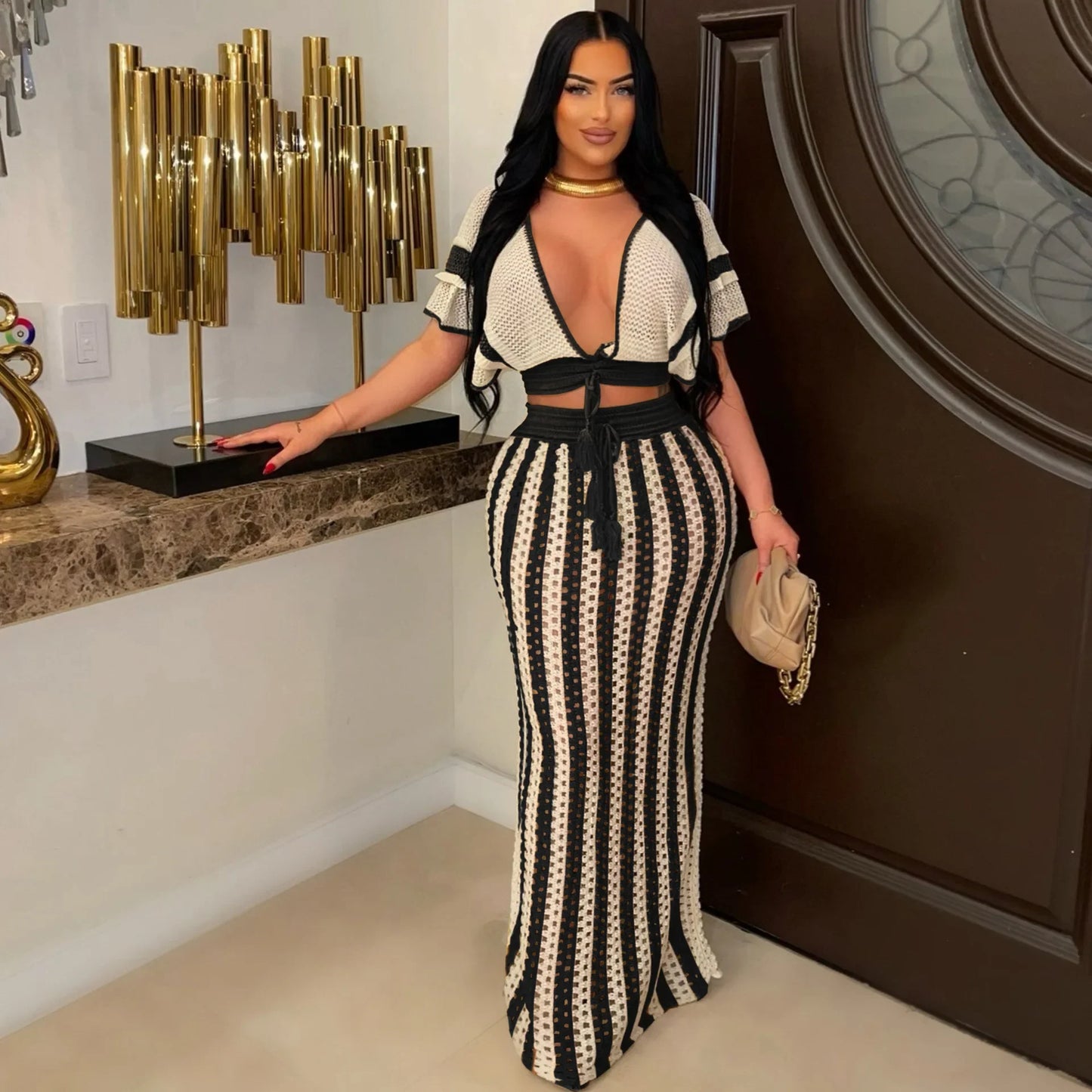 Wmstar Women Two Piece Set Sexy Elegant Knitted Crochet Beach Stripe Crop Tops Long Skirts Matching Set Holiday Birthday Outfits