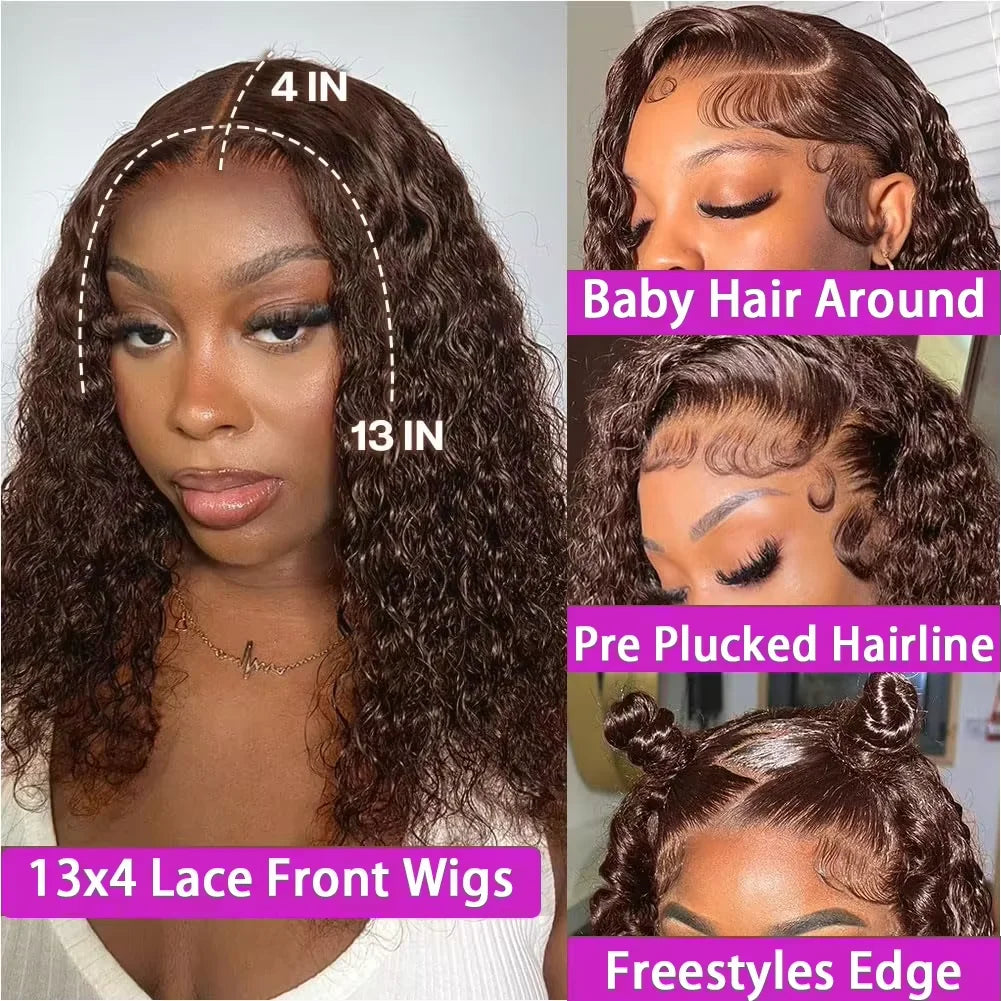 Brown kinky Curly Short Bob Wig 13x4 4x4 Bob Wigs Brazilian Water Deep Wave Human Hair Wig Preplucked For Woman Short Pixie
