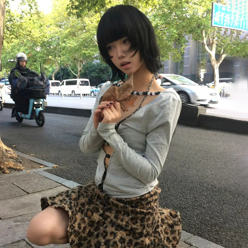 Karrram Japanese Y2k Hollow Out T-shirt 2000s Aesthetics Long Sleeve Beaded Tops Vintage Harajuku Sexy Streetwear American Retro
