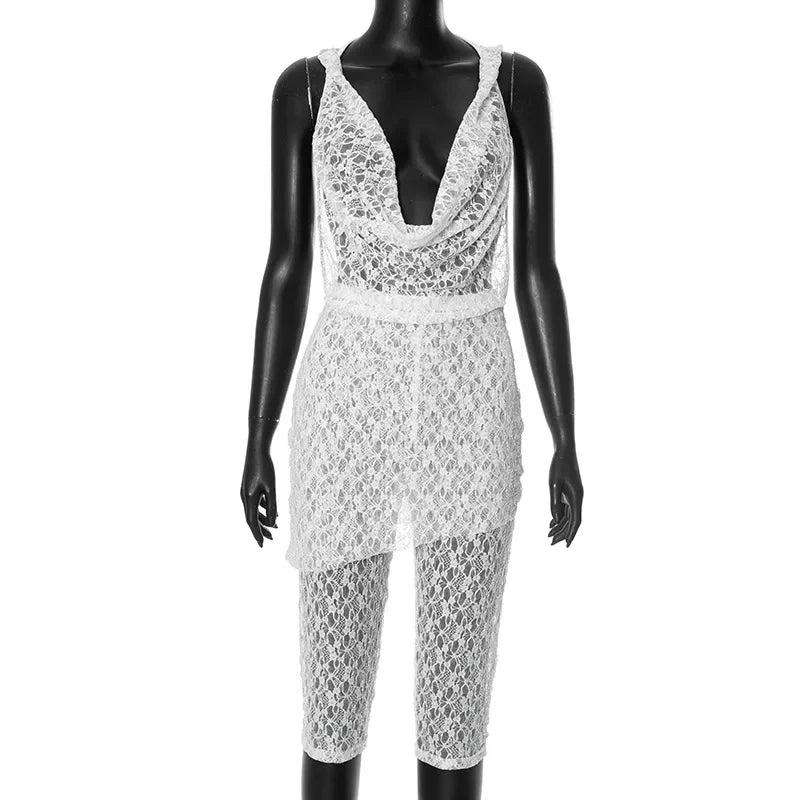 Elegant Lace See Through 2 Piece Set Woman Hooded Halter Swing Collar Large Backless Tops Skirt & Pants Suit Party 2025 Summer